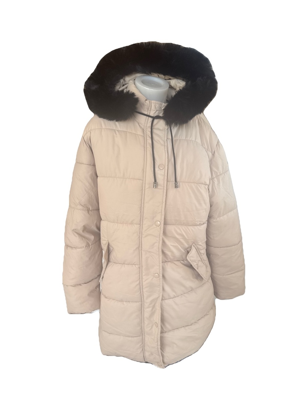 Beige Puffer Coat Black Faux Fur Hood L